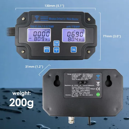 Miniatura 5 de Monitor EC pH para Hidroponía, Probador de Calidad de Agua 6 en 1 con Wi-Fi, Medidor Probador de pH, Monitor Continuo de pH PPM EC CF Humedad