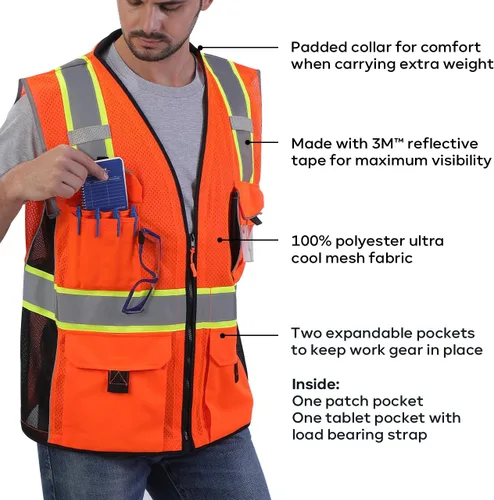 Miniatura 3 de Neopelta Chaleco de seguridad reflectante de malla naranja, chaleco resistente con bolsillo para identificación, cuello acolchado, fabricado
