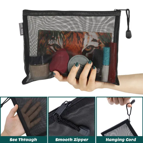 Miniatura 2 de Paquete de 6 bolsas de malla para cosméticos, bolsas de maquillaje de nailon con cremallera para el hogar, oficina, bolsa de pañales (negro)
