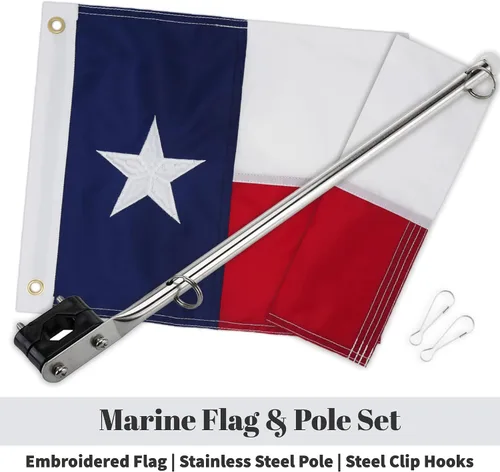 Miniatura 2 de Kit de asta de bandera de barco – Bandera bordada TEXAS de 12 x 18 pulgadas + poste inoxidable y clips Impermeable, grado marino, alta resistencia