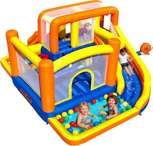 Miniatura 7 de HuaKastro Casa de rebote de agua extra grande de doble zona, lados delanteros y traseros con 2 toboganes largos separados, 2 piscinas de agua, 2
