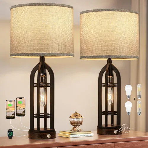 Miniatura 12 de Seealle Juego de 2 Lámparas de Mesa para Sala de Estar - Lámpara de Noche de Aspecto de Madera para Dormitorio con USB C+A y Enchufe, Lámparas
