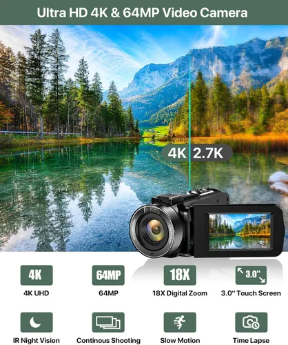 Miniatura 9 de Videocámara 4K 64MP para vlogging, cámara para YouTube, pantalla táctil de 3.0", zoom digital de 18 aumentos, visión nocturna IR con micrófono