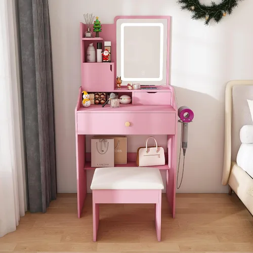 Escritorio pequeño con espejo y luces, juego de tocador de maquillaje rosa con 2 cajones y taburete, tocador de maquillaje compacto para dormitorio,