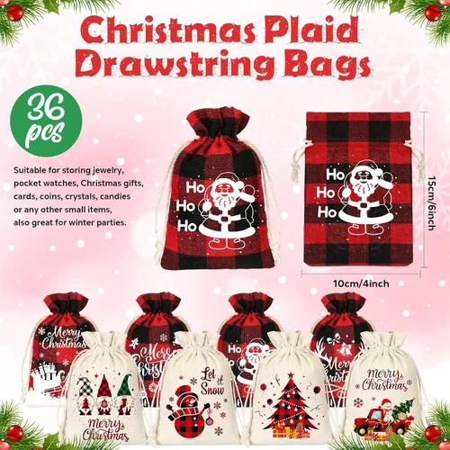 Miniatura 3 de Huhumy 36 bolsas pequeñas de regalo de Navidad a granel con asas a cuadros para fiesta, mini bolsas de dulces, bolsas de joyería a cuadros negros