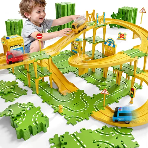 Miniatura 7 de Juego de pista de carreras de rompecabezas grande de 2 niveles para niños de 3 a 5 años, juego de pistas de rompecabezas, juguetes de pistas
