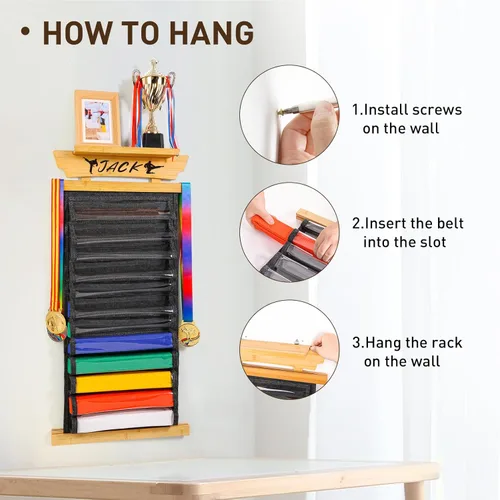 Miniatura 5 de Tilhumt 10/12 Belts Karate Belt Display Rack with Photo Shelf, Felt Taekwondo Belt Display Rack Martial Arts Belt Display for Adults TKD, BJJ Bambú