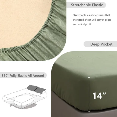 Miniatura 3 de Simple&Opulence Sábana bajera ajustable 100% lino tamaño matrimonial (1 pieza), funda de colchón de 14 pulgadas de profundidad de lino francés Verde