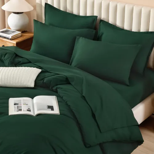 Miniatura 3 de Litanika Juego de ropa de cama con edredón tamaño matrimonial de 7 piezas en una bolsa color verde esmeralda oscuro - Juego de ropa de cama completo