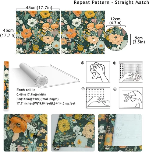 Miniatura 6 de Papel tapiz para despegar y pegar, extraíble, color verde oscuro, para dormitorio, guardería, bohemio, apto para inquilinos, papel de contacto