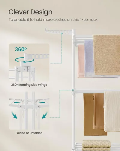 Miniatura 6 de SONGMICS Soporte de secado de ropa de 4 niveles, estante de secado de ropa plegable de 68.1 pulgadas de alto, acero inoxidable, estante de secado