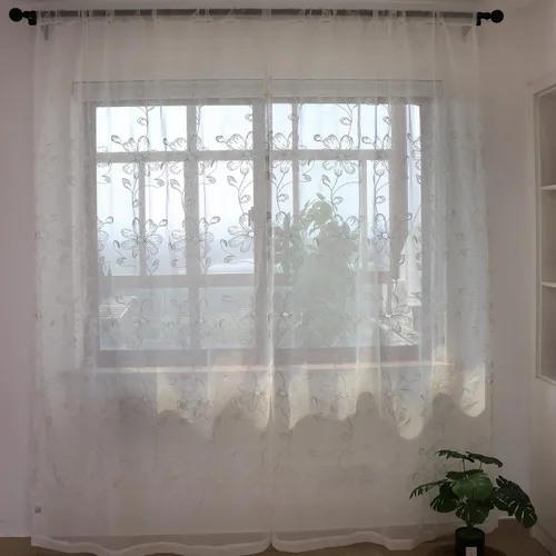 Miniatura 2 de SLOW SOUL Juego de 2 paneles de cortinas traslúcidas de lino sintético semitransparente con flores blancas para ventana, cortinas bordadas