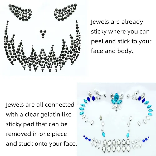 Miniatura 5 de Día de los Muertos - Gemas para la cara de los muertos, tatuajes temporales de calavera para Halloween, piedras de cristal de diamantes de H1 H4