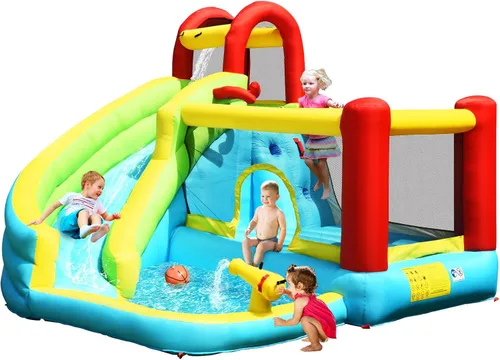 KOTEK Tobogán acuático inflable, tobogán acuático inflable con castillo hinchable de salto, tobogán largo, pared de escalada y piscina de chapoteo,