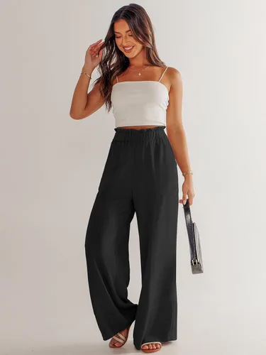 Miniatura 9 de ANRABESS Pantalones palazzo de lino para mujer, estilo casual, holgados, cintura alta, pierna ancha, pantalones de playa con bolsillo