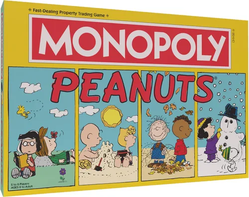 Monopoly Peanuts Juego de mesa, Juega como Snoopy en trineo, Gorra de béisbol, Árbol que come cometas y más, Juego de mesa Monopoly coleccionable y