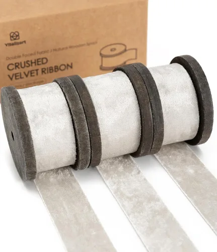 Vitalizart Juego de cintas de terciopelo de 1 pulgada x 9 yardas, carrete de madera de lujo blanco, cintas de terciopelo de doble cara para árbol de
