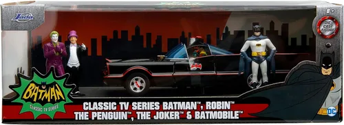 Miniatura 2 de Toy Cars DC Comics Serie de TV clásica 1:24 Batman Batmobile - Coche fundido a presión y figuras de Batman, Robin, Pingüino y el Joker de 2.75