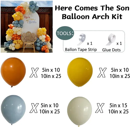 Miniatura 2 de Here Comes the Son - Kit de Guirnalda de Arco de Globos 147 Piezas Globos Boho Retro Azul Polvoriento Naranja Quemado Amarillo Mostaza para Baby