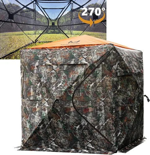 Hunting Blind for 2-3 Person, See-Through Ground Blind with Silent Zipper and Orange Top, Portable Pop-Up Tent for Deer and Turkey Hunting with