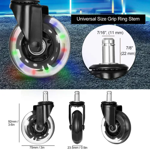 Miniatura 2 de Juego de 5 ruedas para silla de oficina con luces RGB que cambian de color, juego de 5 ruedas de repuesto de goma, ruedas universales silenciosas
