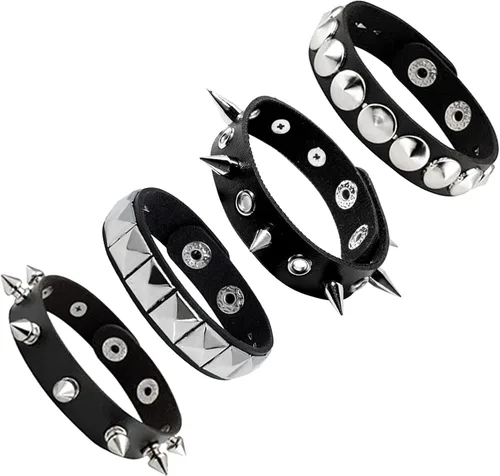MILAKOO Pulseras de cuero punk para hombres y mujeres, pulsera de remache de hip hop, pulsera ajustable, Cuero sintético, No es una piedra preciosa