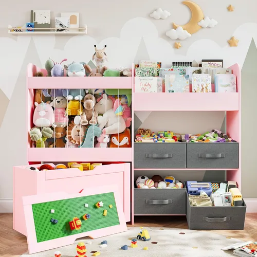 Miniatura 7 de Organizador grande de almacenamiento de juguetes de 51.1 pulgadas de ancho con almacenamiento de animales de peluche, estantería para niños con 4