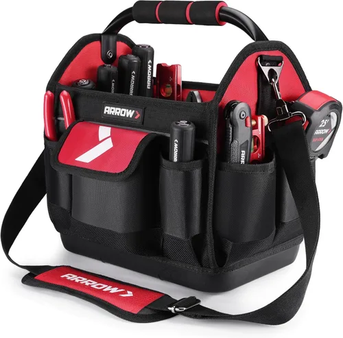 ARROW 12" Bolsa de herramientas portátil con base dura impermeable, bolsa de herramientas para electricista con 19 bolsillos, tela Oxford 840D,