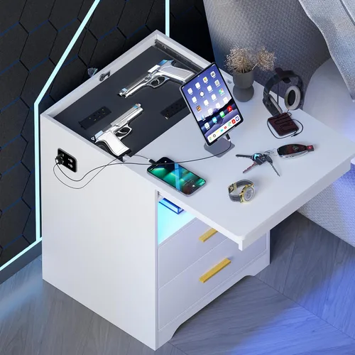 Miniatura 12 de Gurexl Juego de 2 mesitas de noche con estación de carga para dormitorio, mesa auxiliar con cajón secreto para armas, moderna mesa auxiliar LED