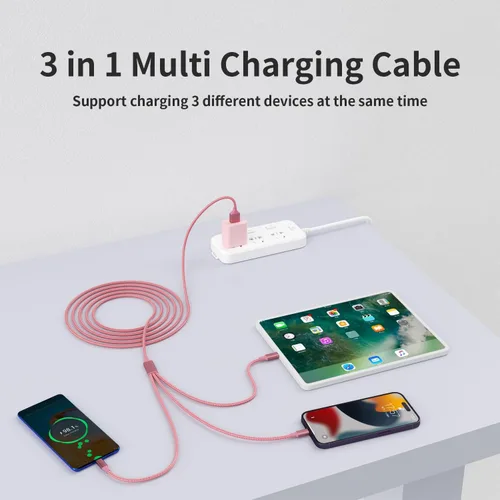 Miniatura 7 de Cable de carga múltiple, (paquete de 2 cables de 4 pies), cable de carga 3 en 1 para múltiples dispositivos, cable de carga universal de nailon Rosa