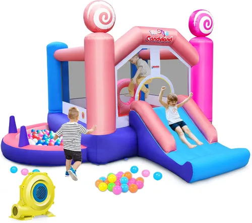 OLAKIDS Inflatable Bounce House, Kids Pink Jumping Castle with Slide, Ball Pit, Climbing Wall, Basketball Rim, Indoor Outdoor Inflatable Obstacle