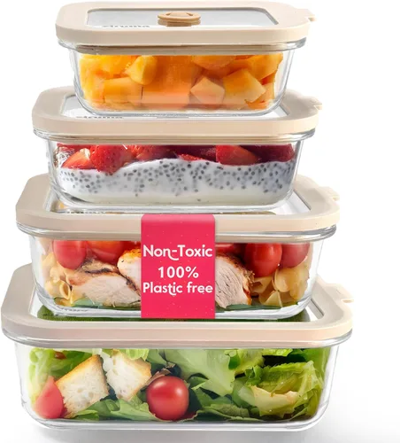 Ziruma Paquete de 4 recipientes de vidrio no tóxicos para almacenar alimentos con tapas, sin plástico, recipientes herméticos para preparación de