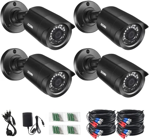ZOSI Paquete de 4 1080P 2.0MP para interiores y exteriores de 0.142 in, 24 unidades, lente infrarroja infrarroja, CCTV, cámara de seguridad de corte