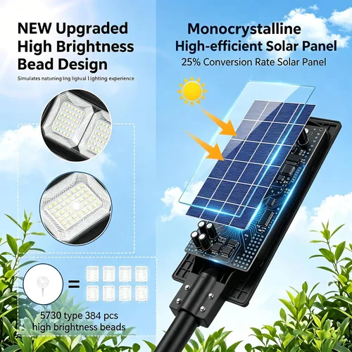 Miniatura 3 de LANGY Luces de calle solares LED de 200 W, 360 piezas LED de alto brillo con energía solar para exteriores, luz de calle LED de seguridad