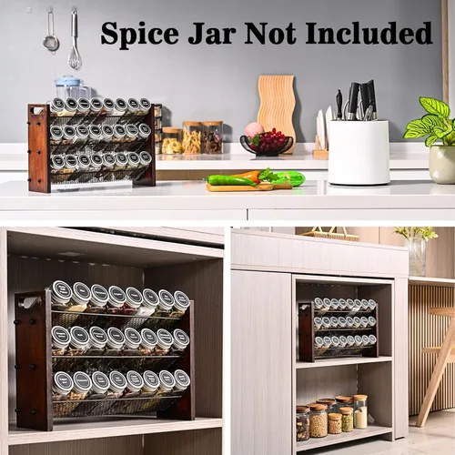 Miniatura 6 de Estante para especias, organizador de especias sin tarros de condimentos, estante organizador de especias de cocina rústico de madera de 3 niveles