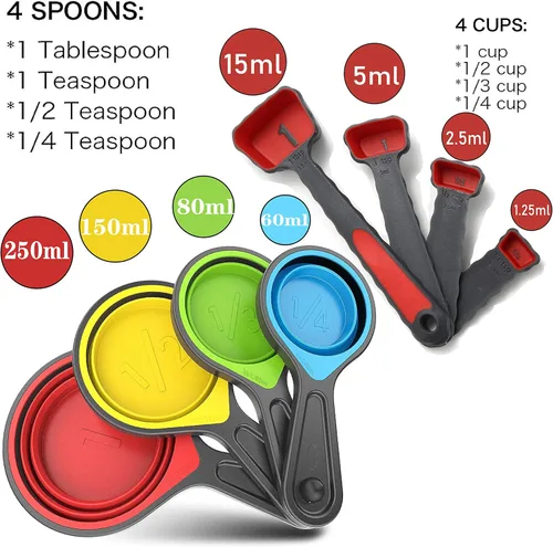 Miniatura 2 de Tazas medidoras suaves de silicona plegables y cucharas medidoras, 8 piezas de taza de medición de silicona portátil de grado alimenticio para Rojo
