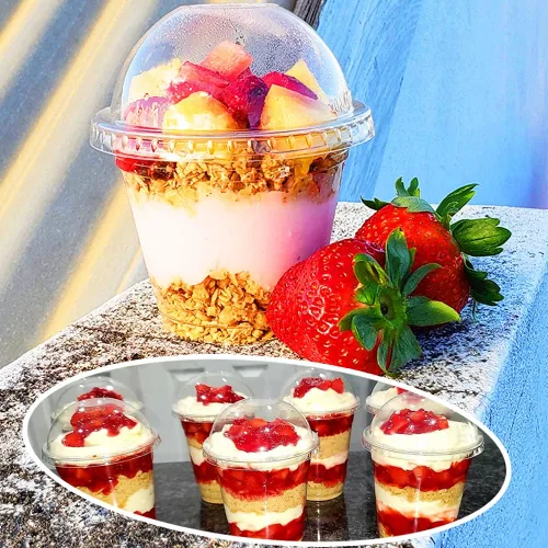Miniatura 7 de Szsrcywd 50 paquetes de 9 onzas de vasos de plástico transparente, vasos desechables para postres con tapas de cúpula sin agujero, vaso de PET