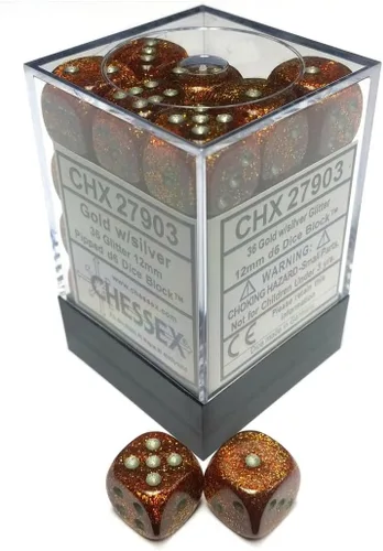Chessex Juego de dados poliédricos dorados y plateados con purpurina de 0.47 pulgadas, compatible con Calabozos y Dragones, Pathfinder y otros