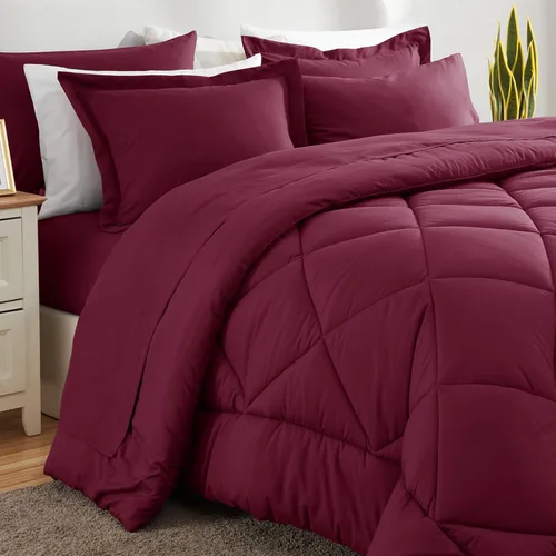 Miniatura 8 de CozyLux Juego de edredón tamaño King color burdeos - 7 piezas, juego de cama en una bolsa, tamaño King, juego de ropa de cama de lujo suave