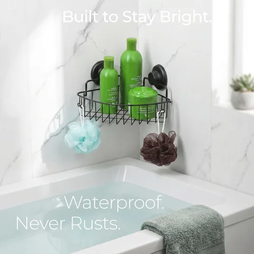 Miniatura 7 de HASKO accessories Organizador de ducha de esquina con ventosa con ganchos, organizador de baño de acero inoxidable, cesta de ducha montada