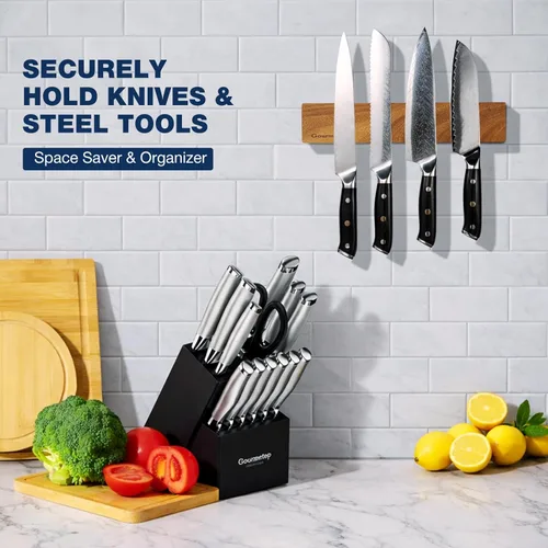 Miniatura 6 de Gourmetop Soporte magnético para cuchillos de pared de 12 pulgadas, tira magnética para cuchillos sin taladrar, soporte magnético de madera