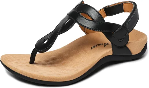 Athlefit - Sandalias ortopédicas con soporte de arco para mujer, cómodas, con correa en T, sandalias casuales planas con soporte ortopédico