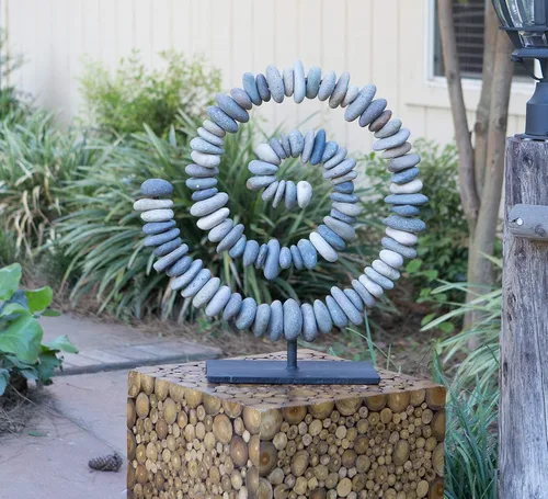 Miniatura 5 de Estatua de piedra apilada en espiral de piedra natural en el soporte, decoración de jardín zen (grande)