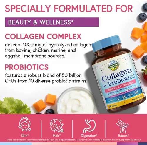 Miniatura 5 de Terranics Péptidos de colágeno múltiple tipo I, II, III, V, X, 1000 mg por porción, con probióticos 50 mil millones de UFC, 10 cepas, apoya la salud