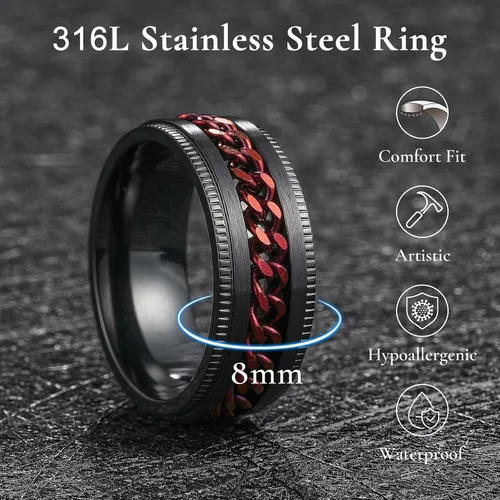 Miniatura 71 de King Will - Anillo antiestrés de acero inoxidable 316L para hombres y mujeres, con cadena decorativa giratoria, 8 mm de ancho, anillo de boda