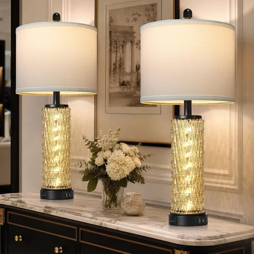 Miniatura 16 de Lámparas de mesa costeras de 28 pulgadas para sala de estar, lámparas de noche con luz nocturna, puertos USB A+C, moderna concha de mar