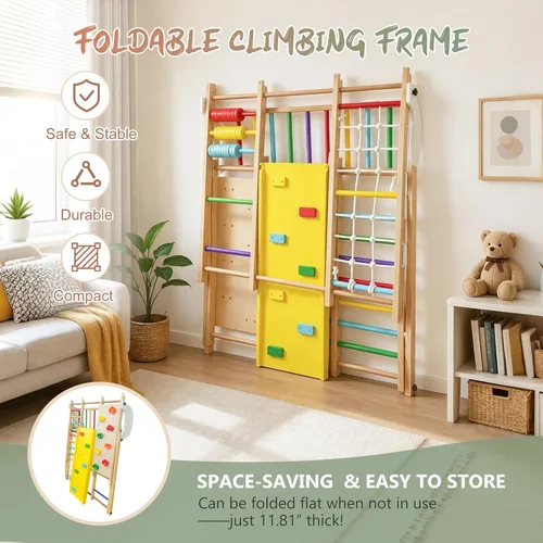Miniatura 6 de KEIKI 9-in-1 Foldable Wooden Kids Climbing Frame with Slide Swing Monkey Bars Rock Wall Abacus, Indoor Outdoor Playground Set, Montessori Play Gym
