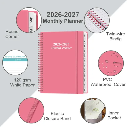 Miniatura 2 de Agenda mensual 2026-2027, calendario mensual de 18 meses, enero 2026 a junio 2027, dos páginas por mes, agenda de 9 x 11 pulgadas con pestañas, Rosa