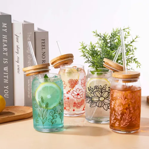 Miniatura 6 de SUNNOW Vasos de 16 onzas con diseño de flores silvestres con tapas y pajitas de bambú, tazas de café helado para cenas en casa, bar y fiesta, juego