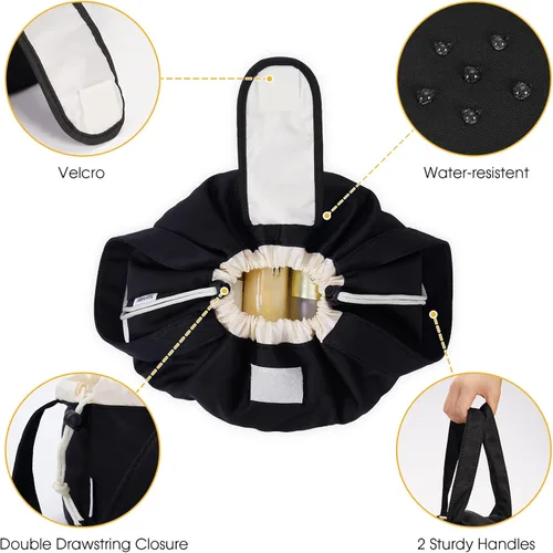 Miniatura 4 de Bolsa de maquillaje con cordón en forma de barril grande, bolsa de cosméticos, organizador de artículos de tocador para mujeres, A-Negro